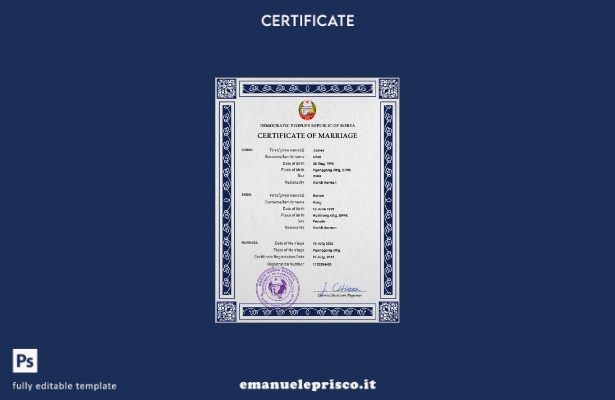 modello PSD del certificato di matrimonio della Corea del Nord in stile verifica